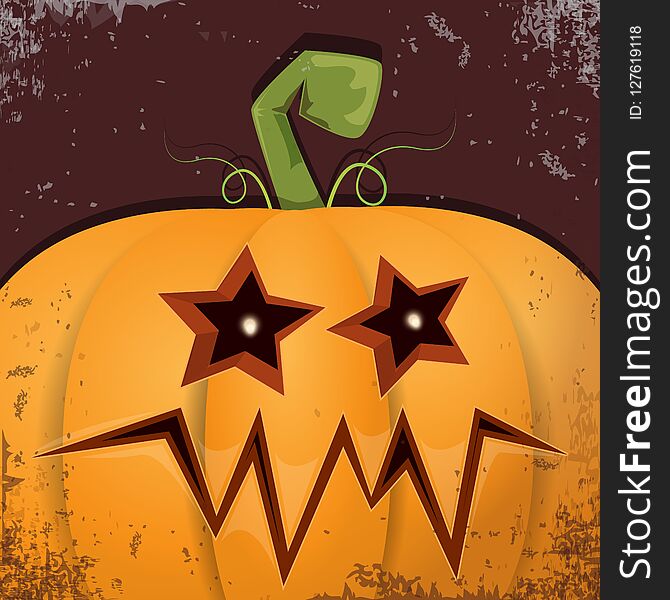 Halloween cartoon pumpkin with face on dark background. Vector cartoon Illustration of Carved pumpkin into jack-o