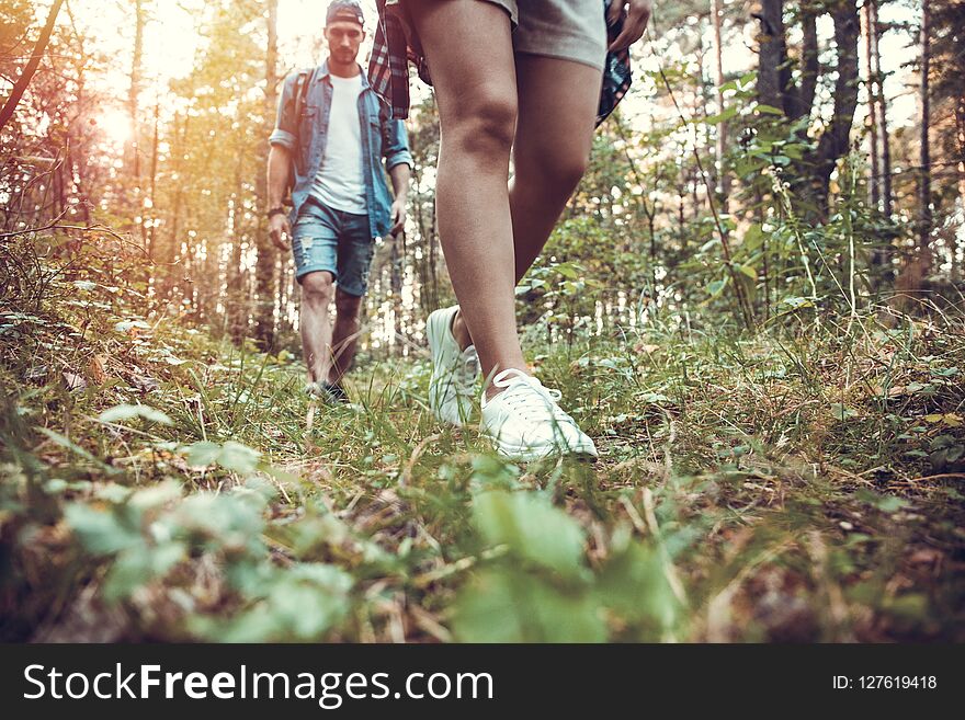 Group of man and women during hiking excursion in woods, walking while enjoying their journey