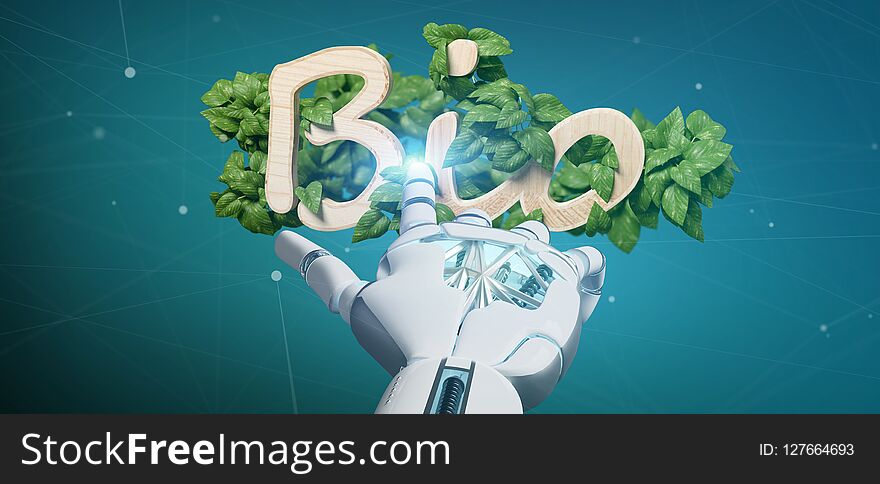 Cyborg holding Wooden logo bio with leaves around 3d rendering