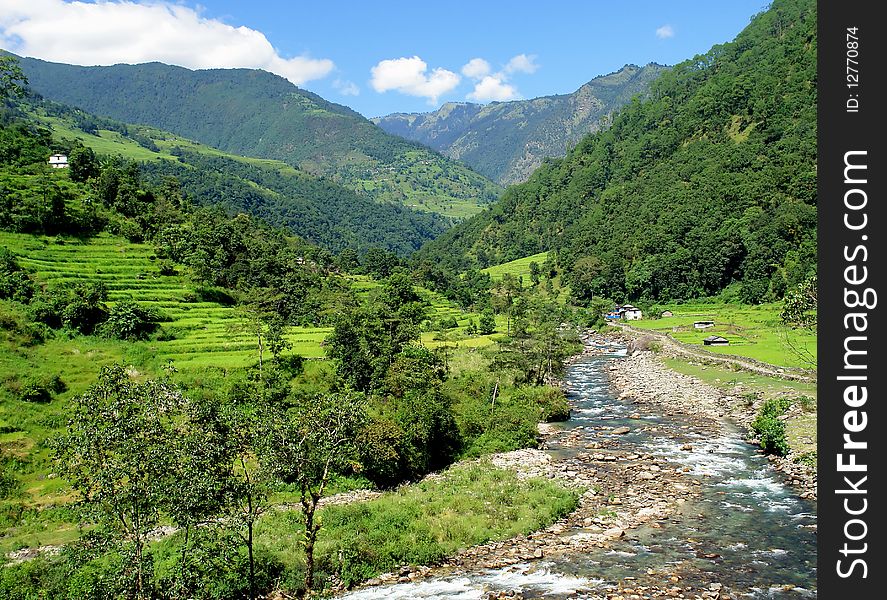 Rice fields and freshwater. Himalayan landscape, Nepal