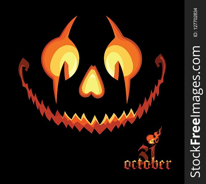 Scary Halloween Pumpkin with a Scary Jack O Lantern smile on Black Background and the words thirty-first of October, isolated on black, vector illustration