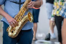 The Street Musician Playing Saxophone. Royalty Free Stock Photos