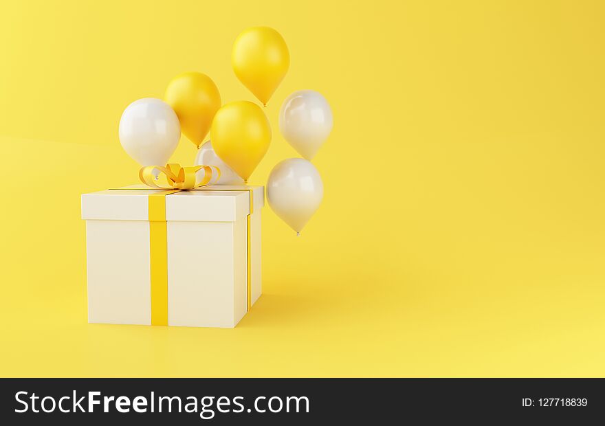 3d Balloons and gift boxes on yellow background.