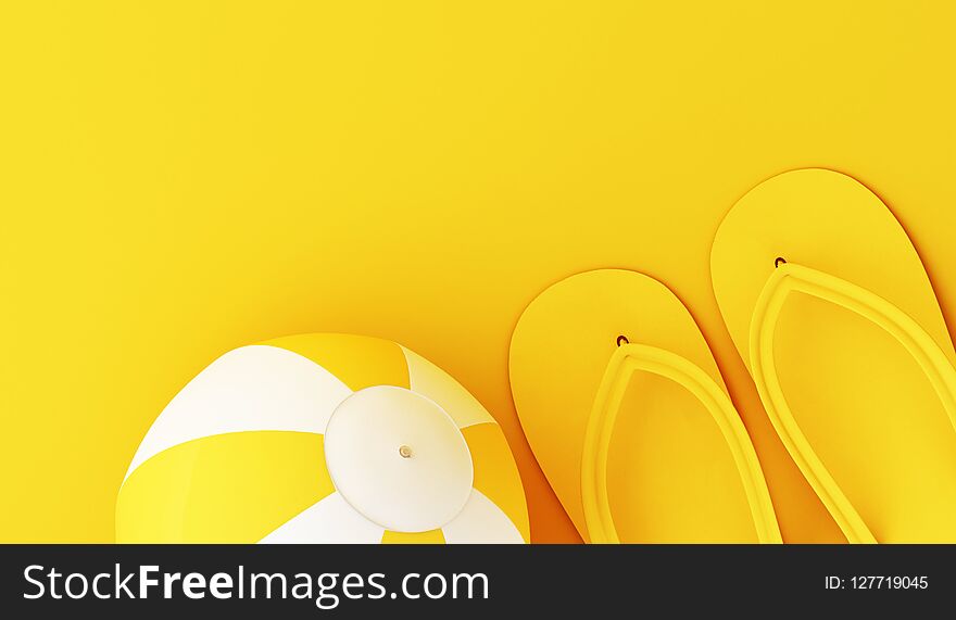 3d illustration. Flip flops and beach ball on yellow background. Minimal summer concept. 3d illustration. Flip flops and beach ball on yellow background. Minimal summer concept.