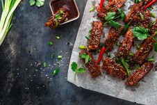 BBQ Ribs With Beer, Onion And Chili. Royalty Free Stock Photo