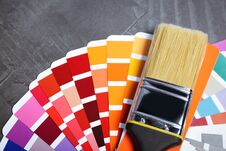 Brush And Paint Color Palette Samples On Gray Background Stock Images