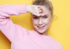 Portrait Of Young Beautiful Blond Cheerful Girl Smiling Looking At Camera Royalty Free Stock Photos Portrait Of Young Beautiful Blond Cheerful Girl Smiling Looking At Camera Royalty Free Stock Photos