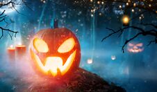Spooky Halloween Pumpkins In Forest Royalty Free Stock Photo