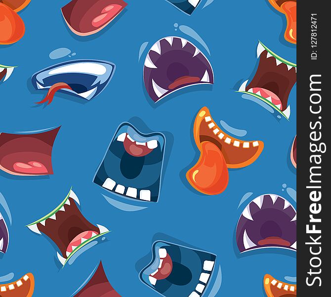 Seamless pattern with color cartoon monster mouths