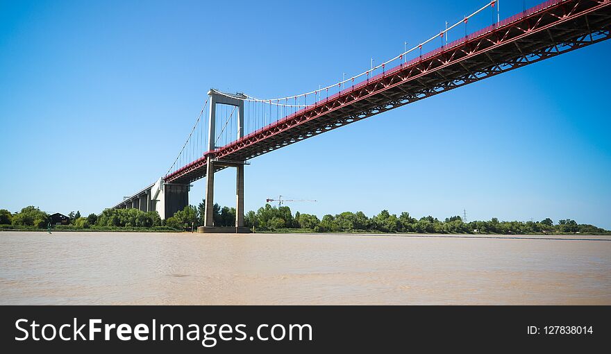 Garonne river suspension bridge of Aquitaine Bordeaux France
