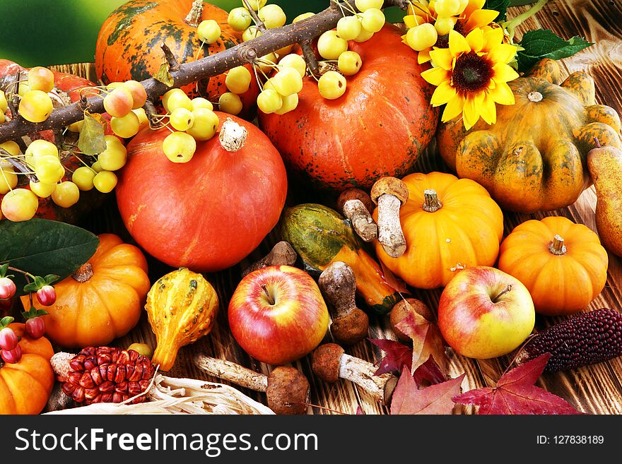 Autumn nature concept. Fall fruit and vegetables on wood. Thanksgiving dinner. Pears and pumpkin with sunflowers and apples