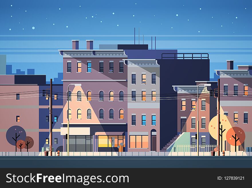 City building houses night view skyline background real estate cute town concept horizontal flat