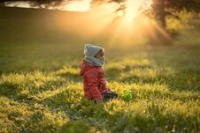 A Child In The Rays Of A Warm Sun Sitting On The Grass. Stock Images