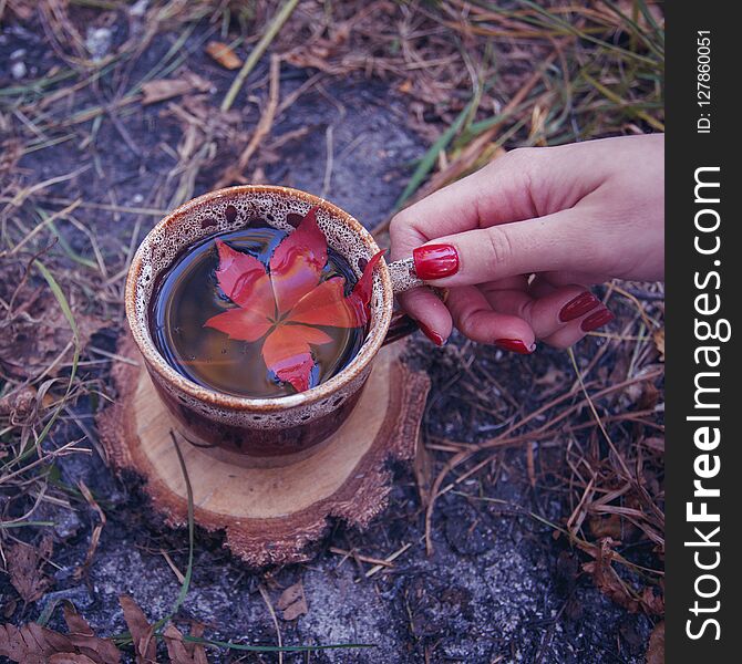 Magic Potion In Ceramic Cup And Woman Hand In Smoke, Halloweenmysterious Close Up.