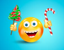 Happy Smiling Round Face Holding Christmas Candies Fir-tree And Cane On Bright Blue Background. Cartoon Character. Icon Stock Photos