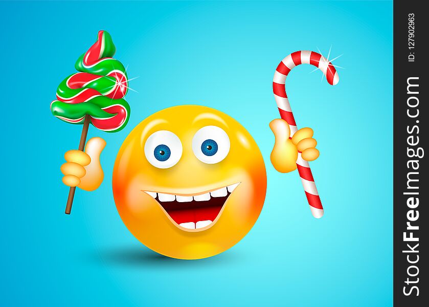 Happy smiling round face holding christmas candies fir-tree and cane on bright blue background. Cartoon character. Icon
