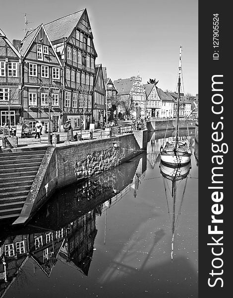 Reflection, Waterway, Water, Black And White