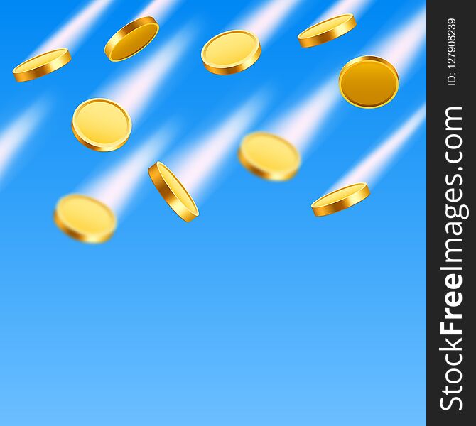 Falling coins, falling money, flying gold coins, golden rain. Jackpot or success concept. Modern background.