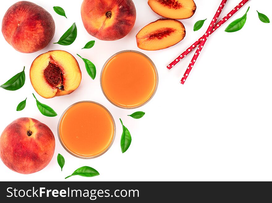 Peach juice with leaves isolated on white background with copy space for your text. Top view. Flat lay pattern.