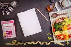 Dieting And Nutrition. Diet Plan, Tape Measure, Calculator For C Stock Photos Dieting And Nutrition. Diet Plan, Tape Measure, Calculator For C Stock Photos