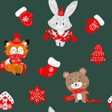 Vector Seamless Pattern With Hand Drawn Doodle Christmas Trees Forest, Socks. Rabbit Bunny, Fox And Bear In A Scarf. Stock Photos