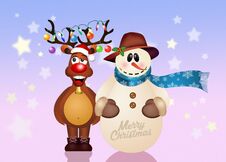Reindeer And Snowman At Chritmas Royalty Free Stock Photo