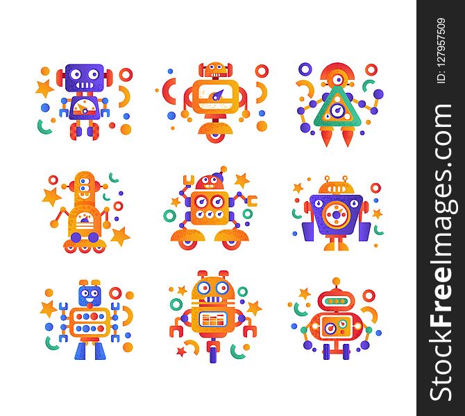 Cute funny robots set, android characters, artificial robotics machine colorful vector Illustration isolated on a white background. Cute funny robots set, android characters, artificial robotics machine colorful vector Illustration isolated on a white background.