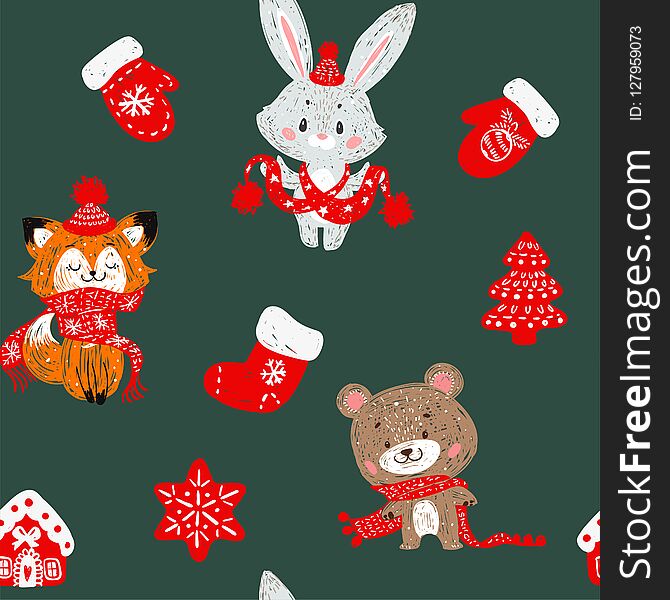 Vector seamless pattern with hand drawn doodle Christmas trees forest, socks. Rabbit bunny, fox and bear in a scarf.
