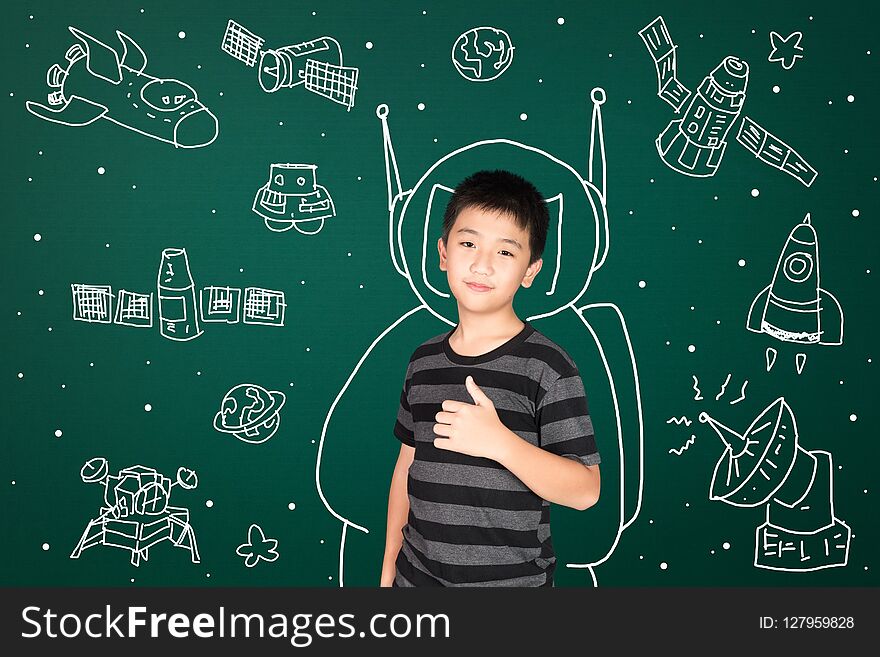 Asian kid with his imagination about science and space adventure