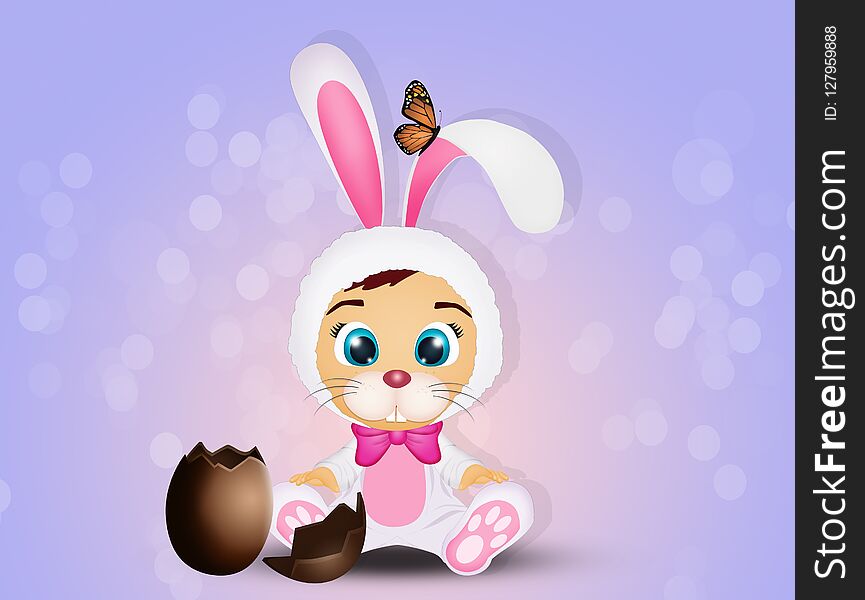 Illustration of baby with rabbit costume at Easter
