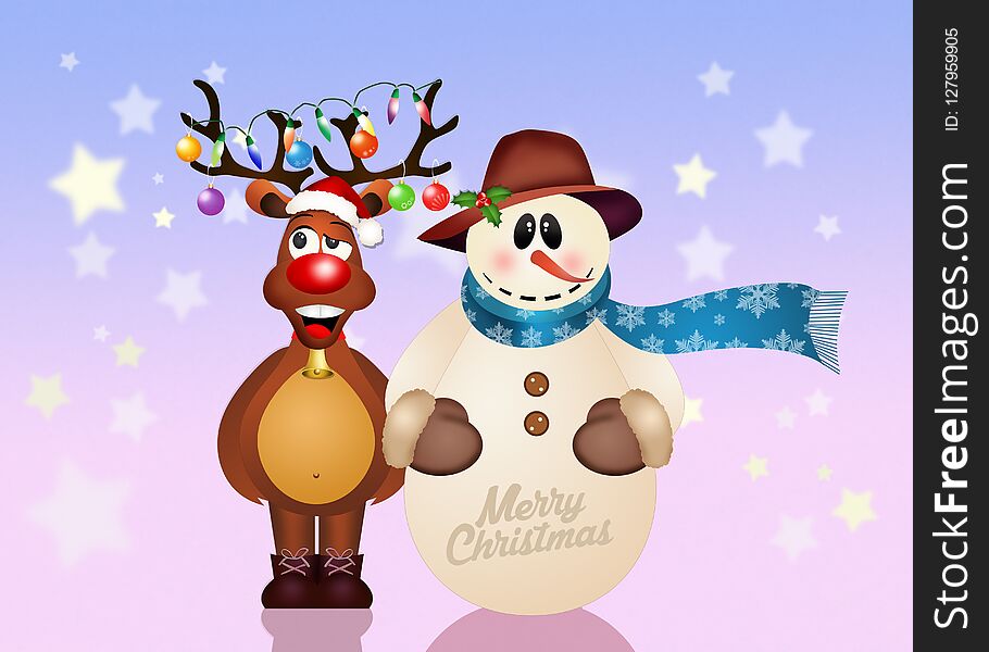 Reindeer and snowman at Chritmas