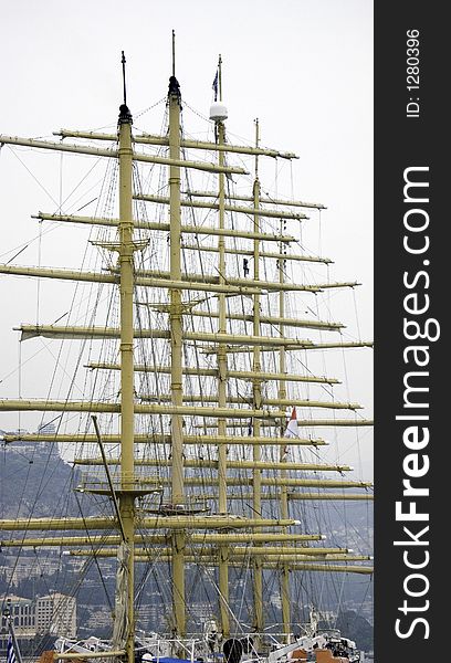 Five towering masts of a huge tall ship clipper. Five towering masts of a huge tall ship clipper