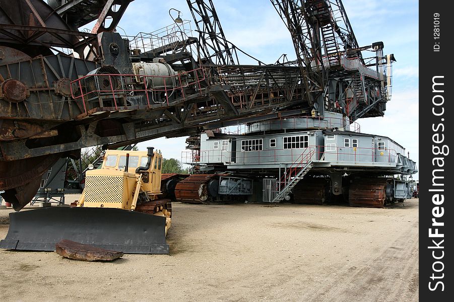 Open mining excavator and Russian dozer t-100, Saxonia, Germany