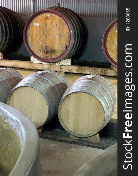 Oak wine kegs in winery