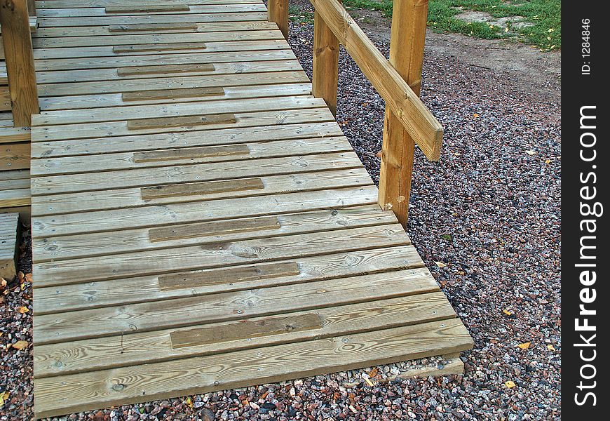 Washed wooden stair leading to cafeteria