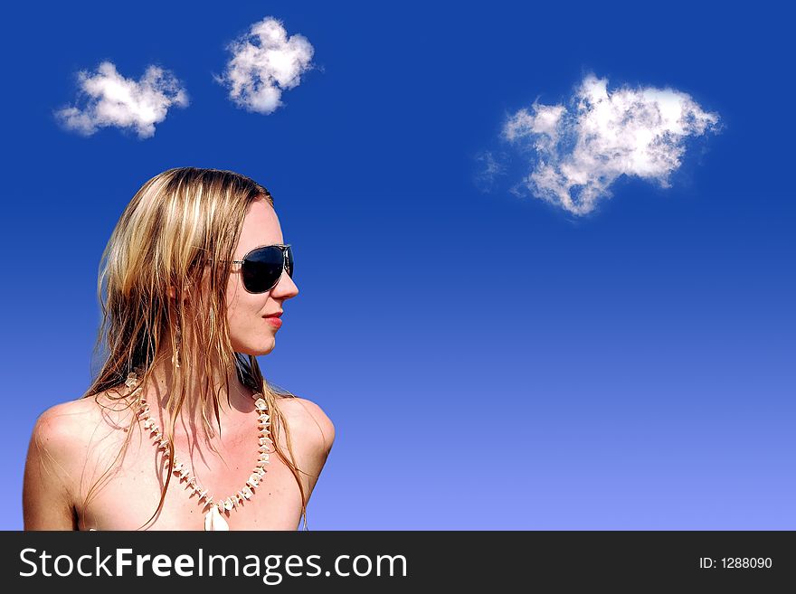 Girl on blue sky with clouds