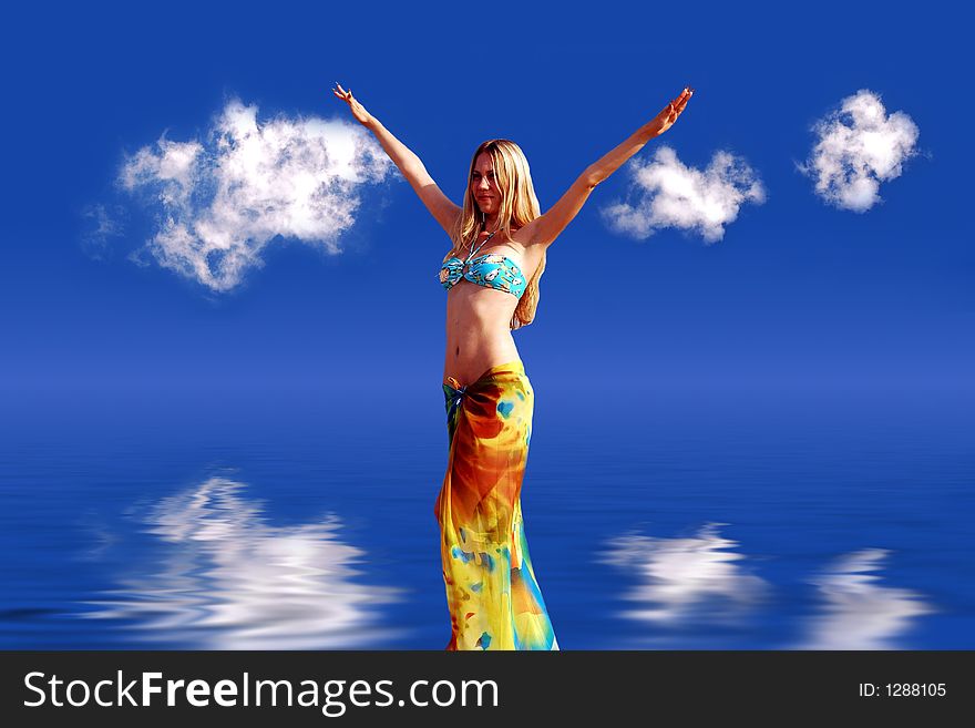 Girl on blue sky with clouds, water
