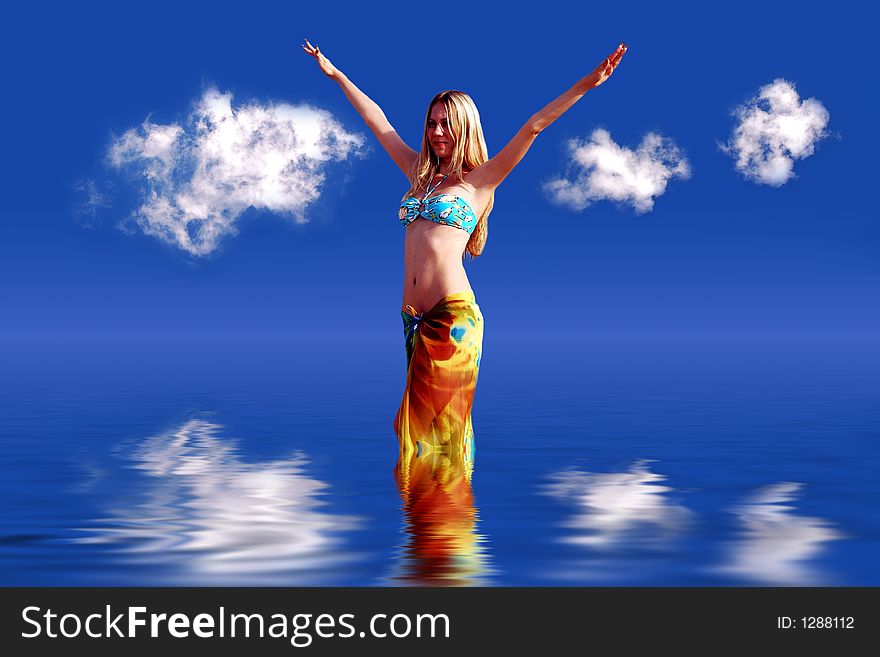 Girl on blue sky with clouds, water