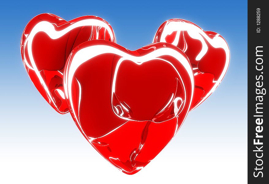 Three warm red hearts on the blue background