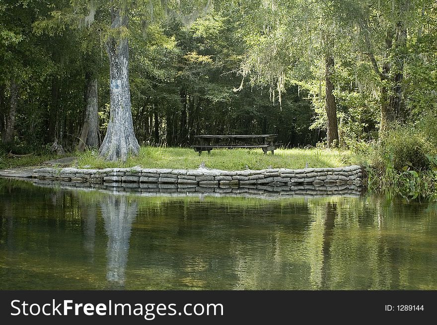 A serene picnic spot on the river. A serene picnic spot on the river.