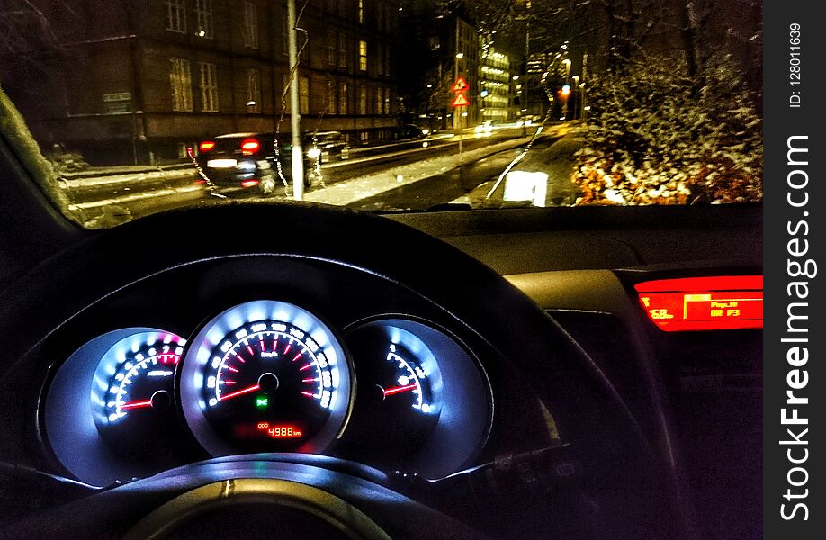 Night drive in car in the winter. Night drive in car in the winter