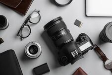 Flat Lay Composition With Professional Photographer Equipment Stock Photography