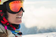 Portrait Of A Snowboarder Woman Freerider In Helmet In Snowy Mountains Royalty Free Stock Photography