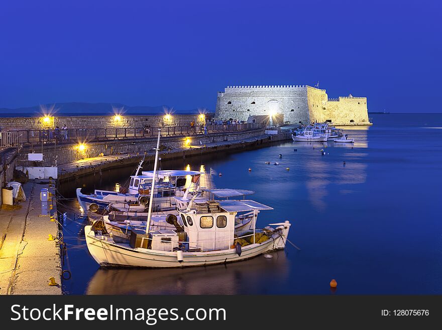 Old Venetian Koules Fortress, at night, Heraklion, Crete, Greece.