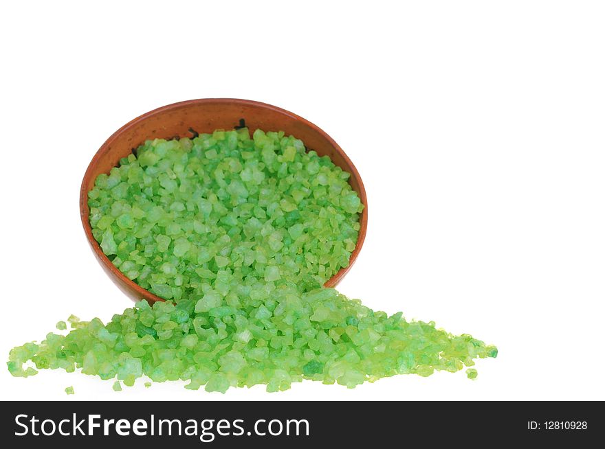 Salt for aromatic bath in clay dish on white background. Salt for aromatic bath in clay dish on white background