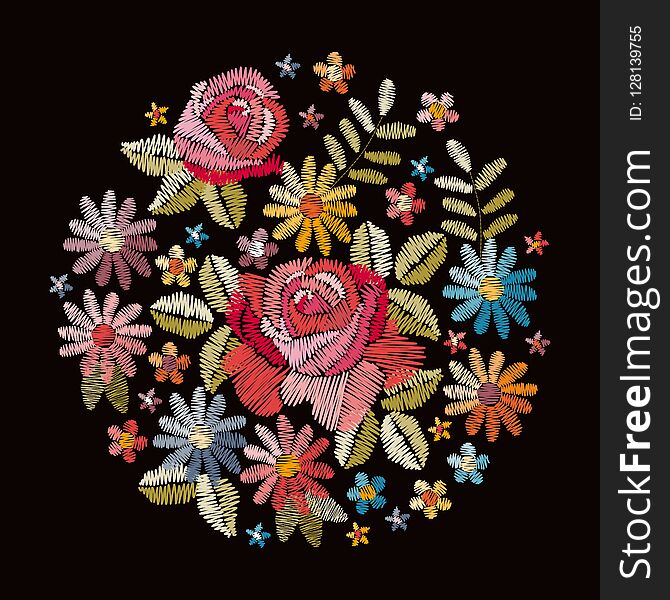 Embroidery Circle Pattern With Beautiful Flowers. Colorful Bouquet On Black Background.