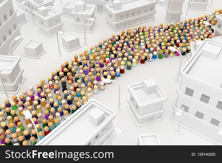 Crowd of small symbolic figures, white buildings town road, 3d illustration, horizontal background. Crowd of small symbolic figures, white buildings town road, 3d illustration, horizontal background