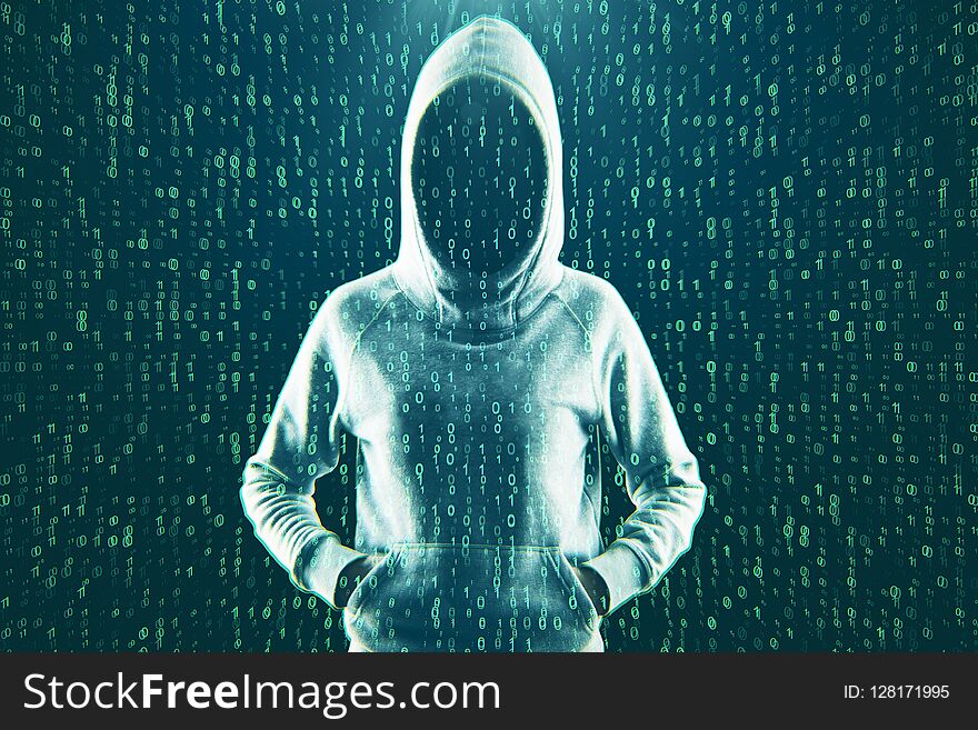 Front view of hacker with hood on abstract binary code background. Attack and virus concept. Double exposure