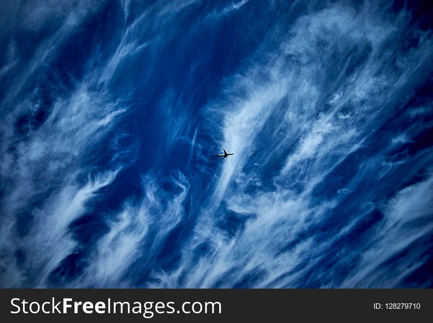 Blue sky with airplane cloudscape summer time. Blue sky with airplane cloudscape summer time