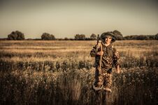 Hunting Hunter Going Rural Plain Field Golden Sunset During Hunting Season Vintage Royalty Free Stock Photo